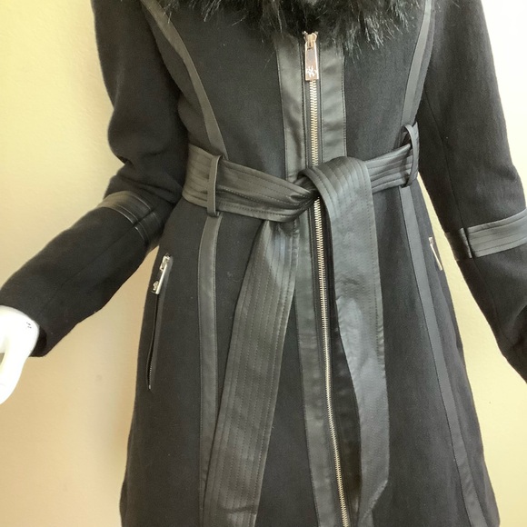 Guess Black Faux Fur Trimmed Wool Coat - Picture 7 of 16